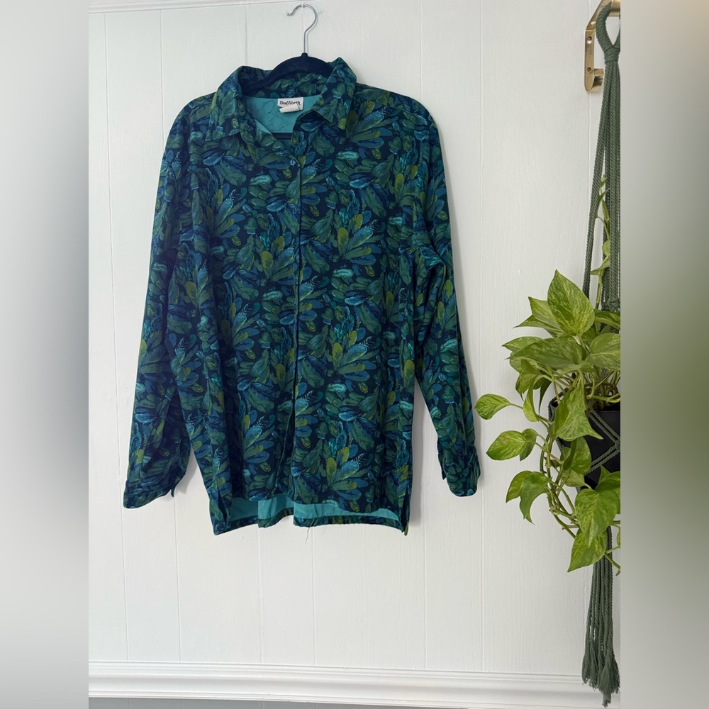 Vintage Shacket Jacket Button Down Teal Turquoise Feathers Outdoors Suede Whimsy
